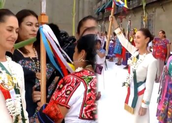 Claudia Sheinbaum recibe bastón de mando de pueblos indígenas en el Zócalo de la CDMX